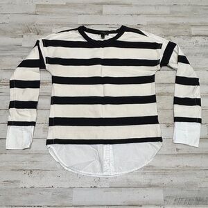 J Crew Women's Black And Beige Striped Layered Top, 100% Cotton, XXS